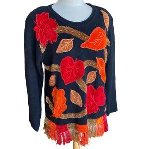 Vintage Victoria Harbour Fall Leaves Sweater Embroidered Artsy Grandma Holiday-M